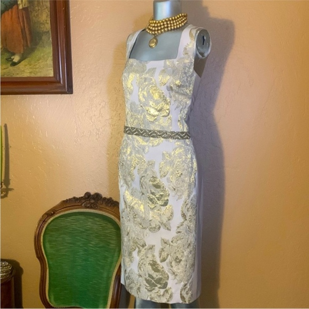 Teri Jon by Rickie Freeman Metallic Floral Jacquard Dress NWOT Gold Classy Sz 14